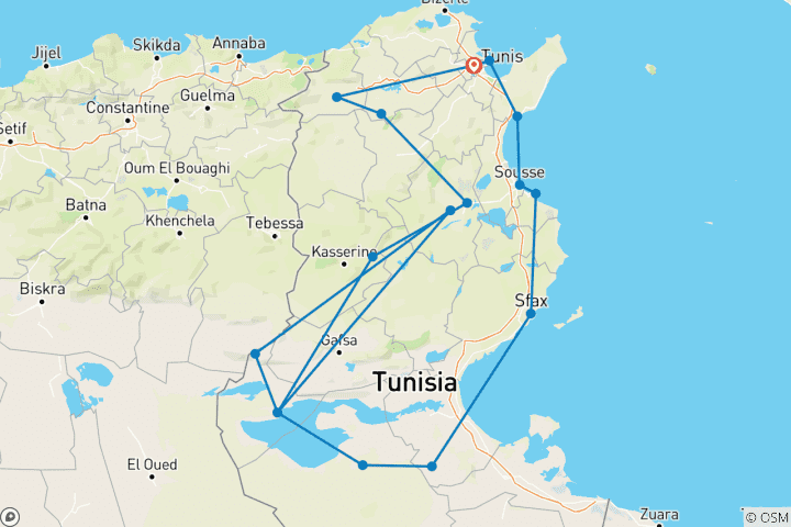 Karte von Tunesien: Routen der Geschichte und Oasen in 8 Tagen