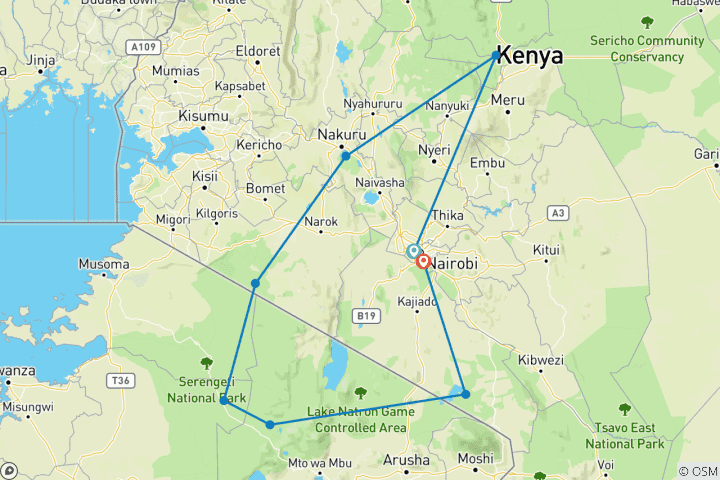 Karte von 10 Tage Kenia und Tansania Mittelstrecken-Safari 2025