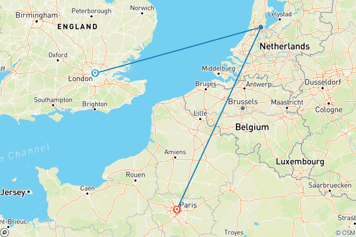 Carte du circuit 12 jours Londres, Amsterdam et Paris