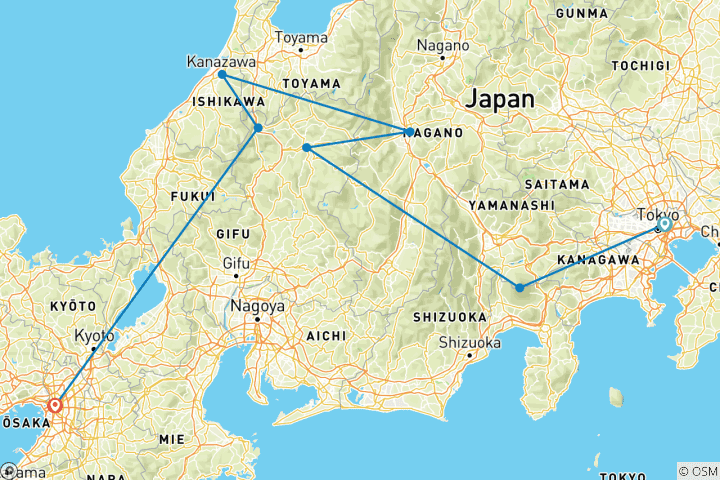 Mapa de Explora Japón Central en 7 Días（Circuito Familiar Privado ）Umetravel