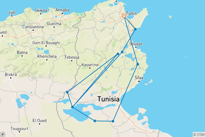 Map of Tunisia: Tunis – El Jem, Matmata, Douz, Chott el Jerid, Tozeur Chebika, Ong Jmel, Kairouan, Hammamet - 8 days