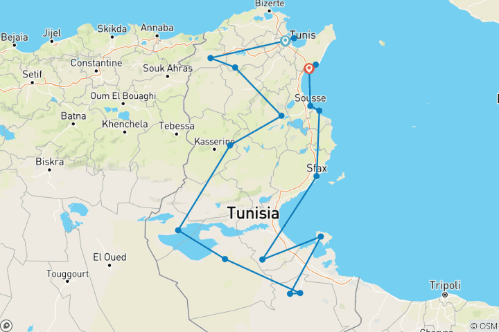 Mapa de Túnez: Hammamet, El Djem, Matmata, Douz, Tozeur, Kairouan, Túnez, Cartago y Sidi Bou Said - 12 días