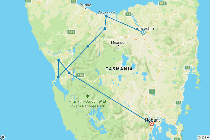 Carte du circuit La nature sauvage de Tasmanie