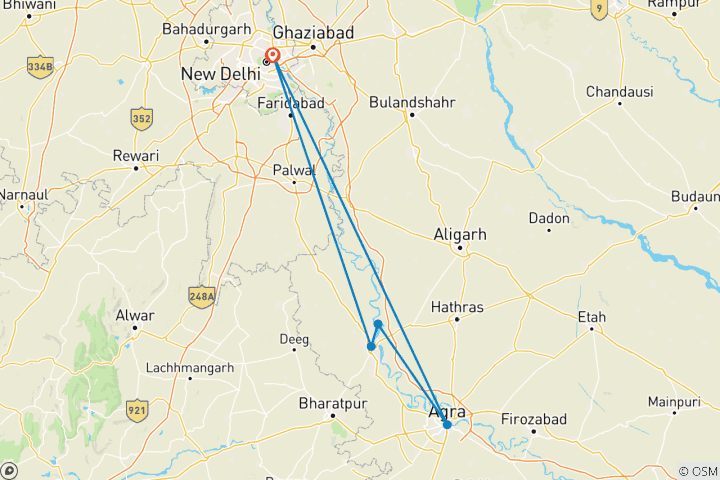 Carte du circuit 2 jours - Visite de Mathura et Vrindavan avec le Taj Mahal