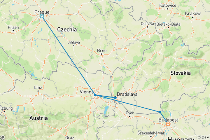 Map of Prague, Vienna and Budapest - Winter