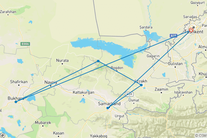 Kaart van 11-daagse trektocht door Oezbekistan