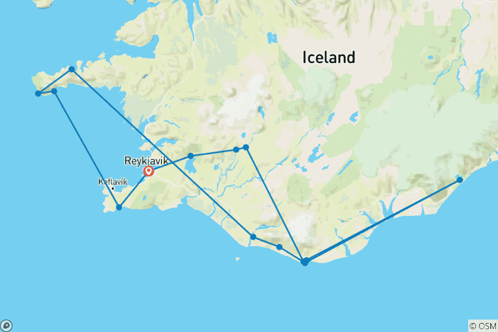Kaart van 5-daags IJsland compleet pakket met. Gouden Cirkel, Zuidkust, Snæfellsnes & Vulkanisch Schiereiland Reykjanes