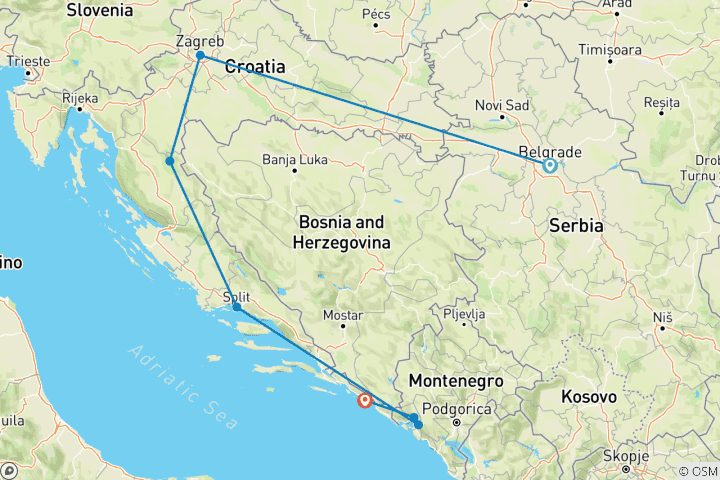 Map of Serbia & Croatia in one week: From Belgrade to Dubrovnik - SMALL GROUP