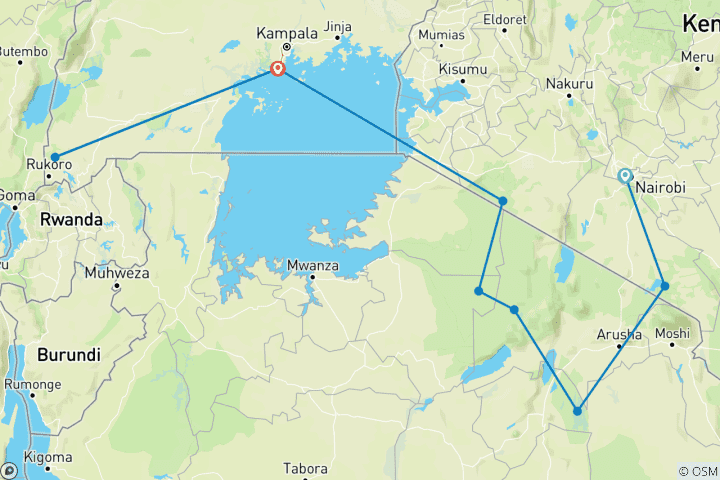 Mapa de Safari de 12 días en Kenia, Tanzania y Uganda