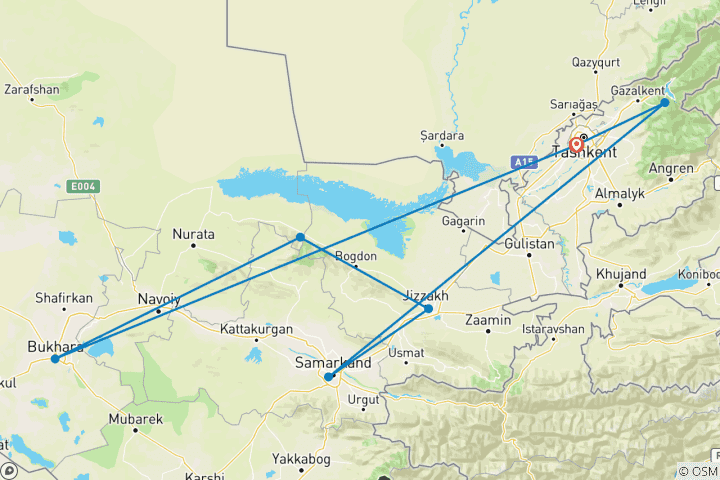 Kaart van 12-daagse trektocht door Oezbekistan