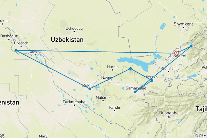 Kaart van 14-daagse trektocht door Oezbekistan