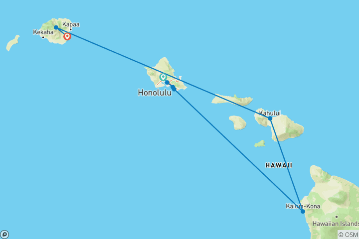 Map of Grand Hawaiian Adventure  Four Islands featuring O'ahu, Big Island, Maui and Kauai (Honolulu, HI to Lihue, HI) (2026)