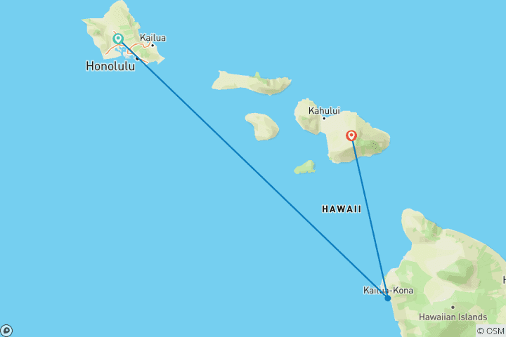 Map of Hawaiian Adventure Three Islands featuring O'ahu, Big Island and Maui (Honolulu, HI to Maui, HI) (2026)