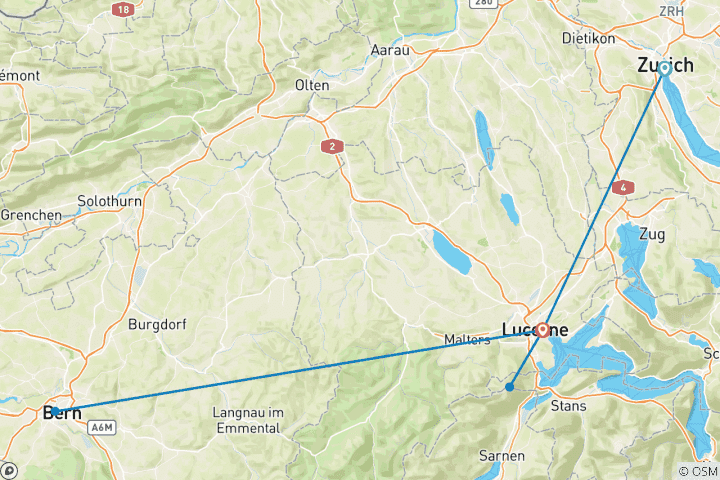 Map of 5 Day Lucerne Including Bern, Pilatus And 1 Day Zurich