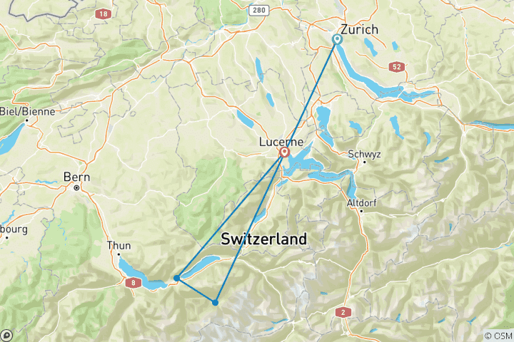 Carte du circuit 7 jours de train entre Zurich et Lucerne