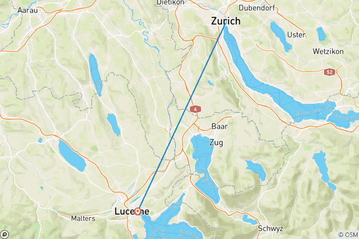 Carte du circuit 7 jours de train entre Zurich et Lucerne