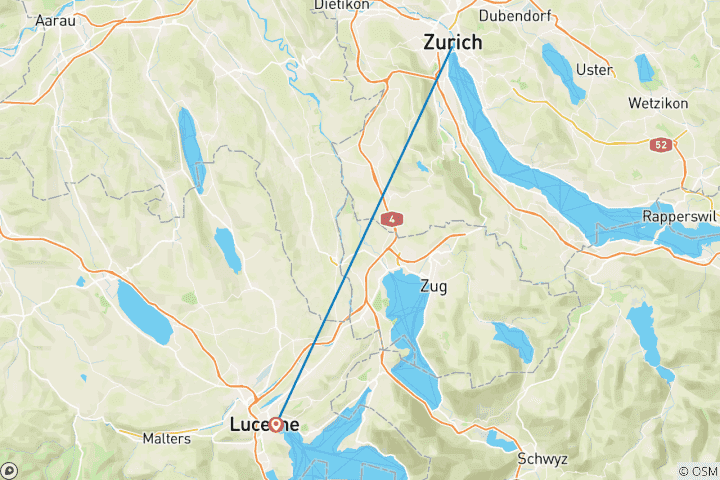 Carte du circuit 7 jours de train entre Zurich et Lucerne