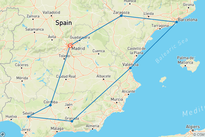 Carte du circuit De Madrid à l'Andalousie et Barcelone - 10 jours