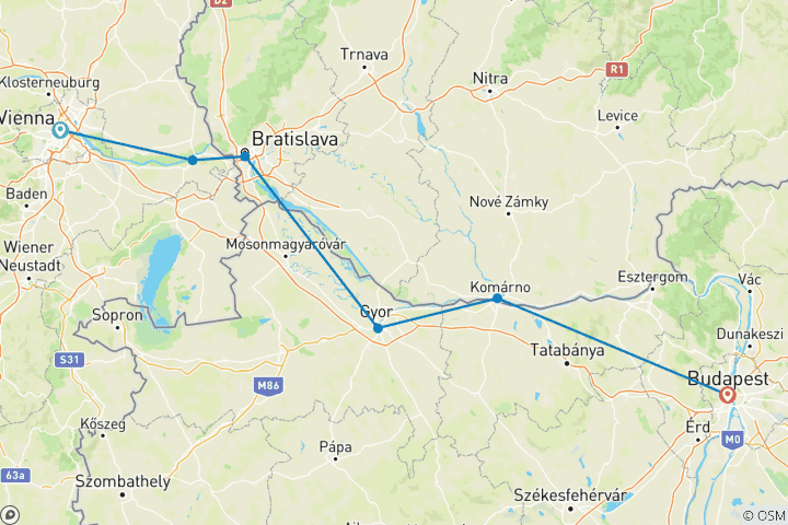 Carte du circuit Voyage à vélo de Vienne à Budapest