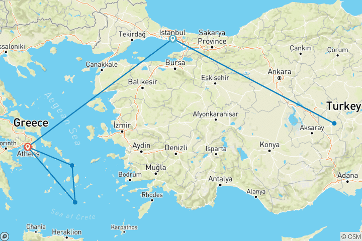 Map of PRIVATE - 10 Days Luxury Turkey & Greece tour - Istanbul, Cappadocia, Athens, Mykonos and Santorini with 4 flights included