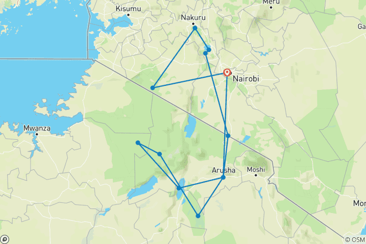 Mapa de Safari de acampada de 12 días por lo mejor de Kenia y Tanzania