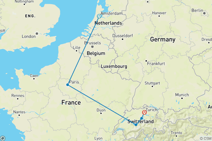 Kaart van Amsterdam, Parijs en Zwitserland in 10 dagen