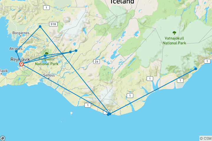 Carte du circuit Le soleil de minuit en Islande : Glaciers, geysers et cercle d'or (2026)