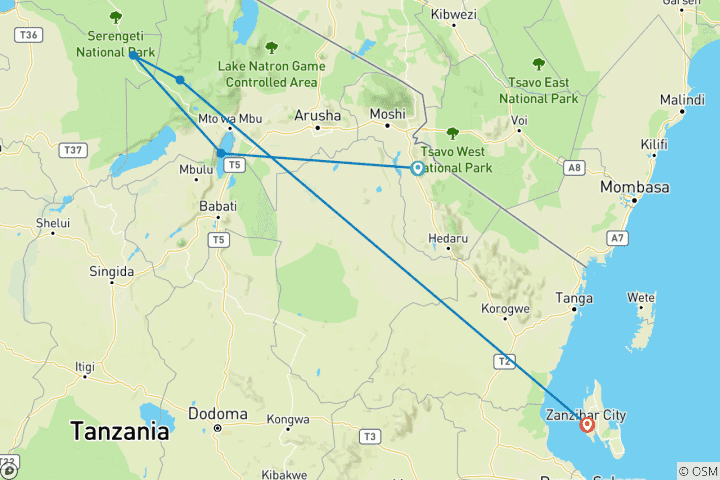 Mapa de Maravillas de la Fauna de Tanzania y Gozo en la Playa de Zanzíbar con Excursión Opcional al Kilimanjaro