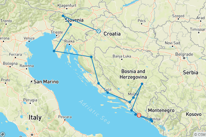 Carte du circuit Points forts de quatre pays des Balkans