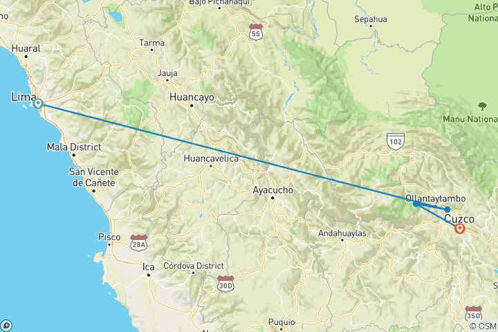 Carte du circuit 6 jours - Lima - Vallée Sacrée - Cusco