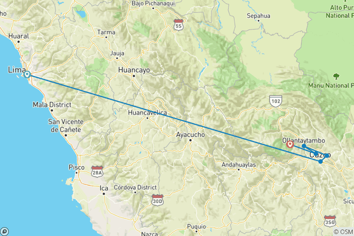 Carte du circuit 6 jours - Lima - Cusco - Machu Picchu