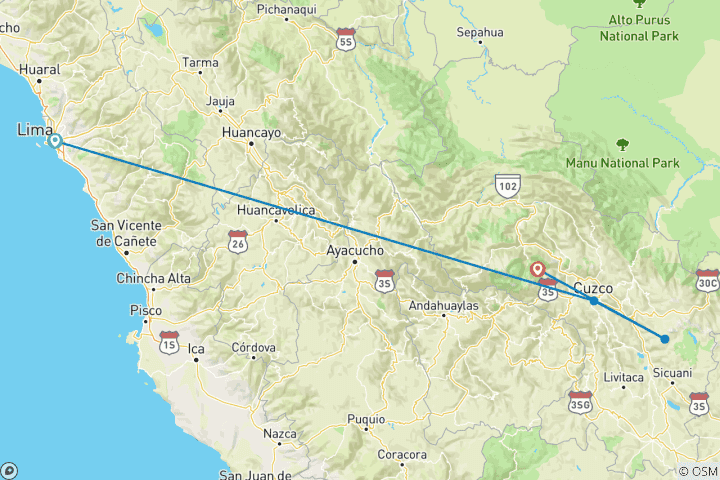 Carte du circuit 6 jours - Lima - Cusco- Rainbow Mountain - Machu Picchu