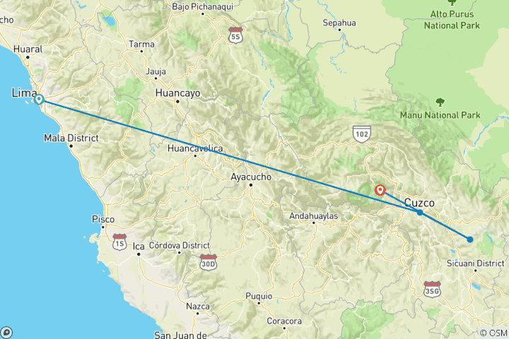 Map of 6 days - Lima – Cusco- Rainbow Mountain - Machu Picchu