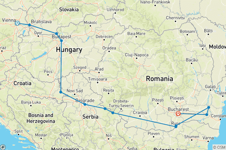 Karte von 1.200 Meilen entlang der Donau (Wien - Bukarest) (13 Destinationen)