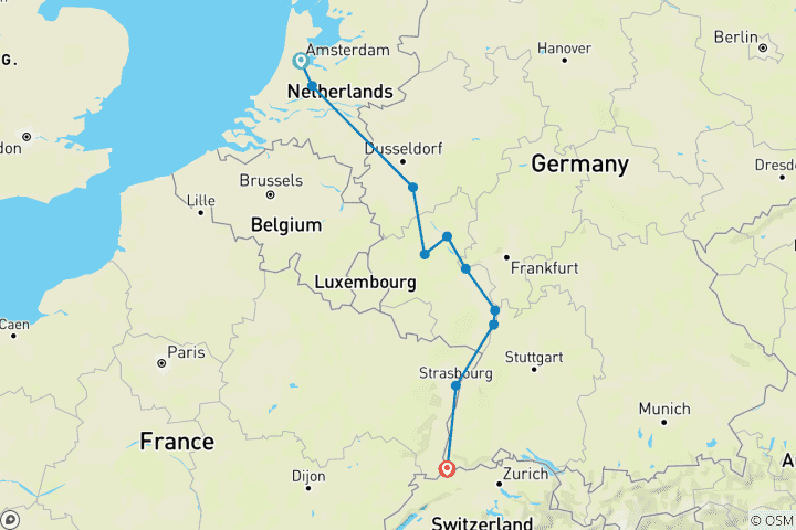 Map of Classical Rhine Cruise - AMADEUS Riva (Amsterdam - Basel)