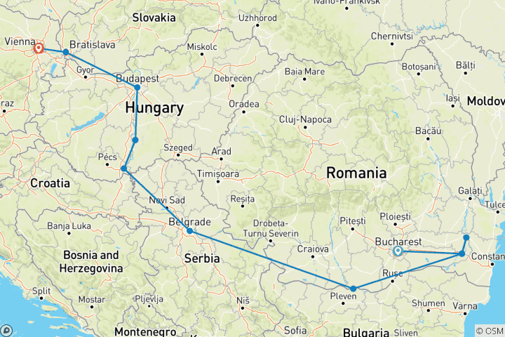 Karte von 1.200 Meilen entlang der Donau (Bukarest - Wien)