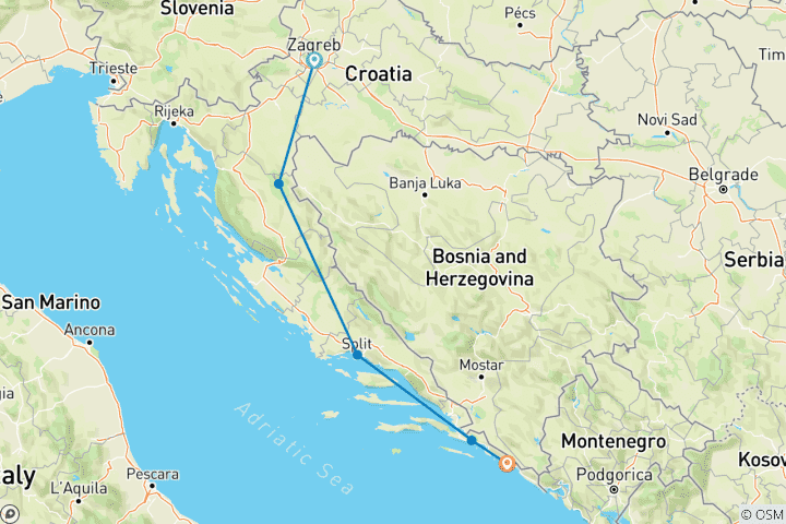 Kaart van 8-daagse reis door Kroatië van Zagreb naar Dubrovnik