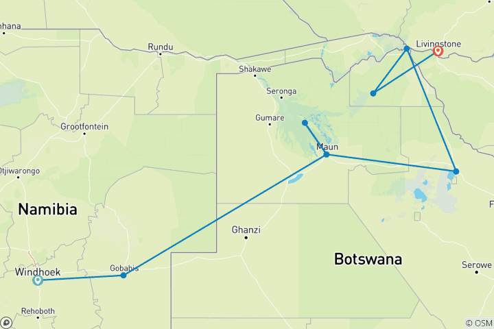 Map of Okavango & Chobe Discovery (Accommodated) - 8 days