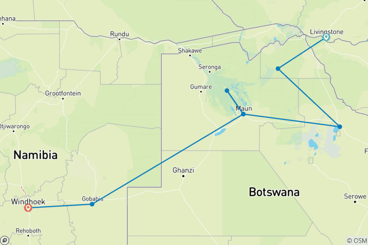 Map of Chobe & Okavango Discovery (Accommodated) - 8 days