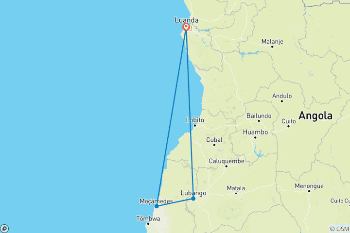 Carte du circuit Aventure dans le sud de l'Angola 10 jours/ 9 nuits