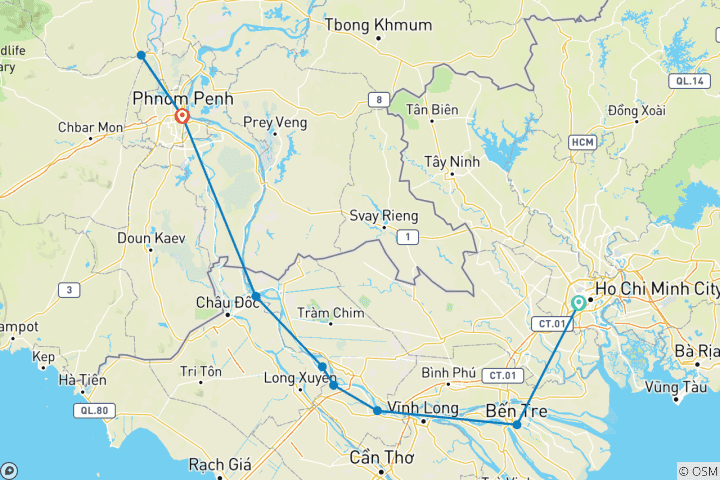 Kaart van 8-Daagse Majestic Mekong Cruise 2026-2027|2027-2028 - 8 Dagen (van Ho Chi Minh Stad naar Phnom Penh)