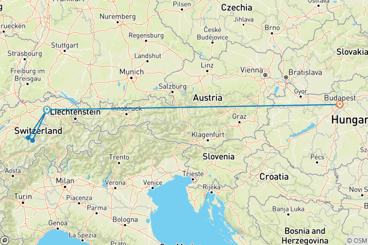 Carte du circuit 7 jours de train entre Zurich et Budapest