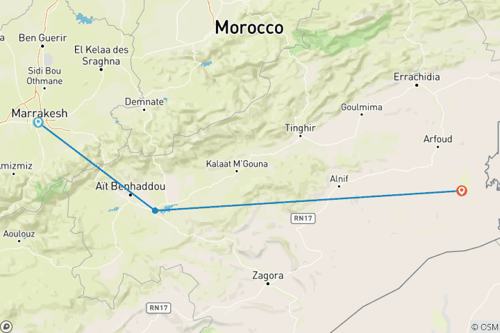 Kaart van Vanuit Marrakech: 3-daagse tocht door Merzouga en de Sahara-woestijn