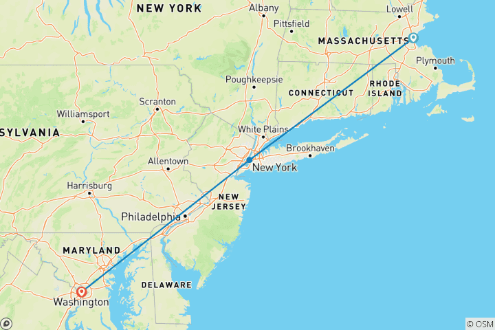 Kaart van 6-daagse USA Oostkust: Boston, New York, Philadelphia en Washington D.C.