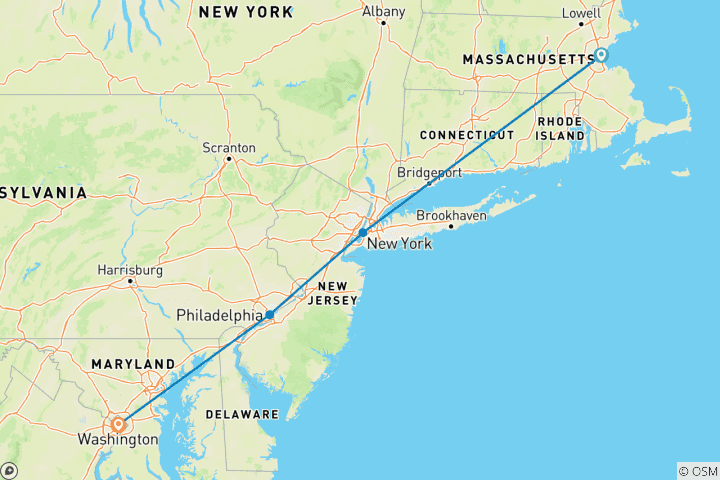 Map of 6-Day USA East Coast: Boston, New York, Philadelphia and Washington D.C.