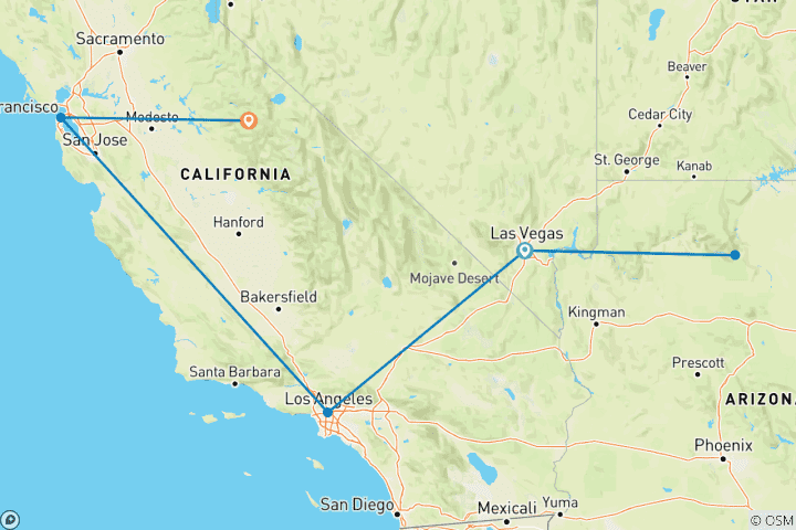 Carte du circuit 8 jours d'aventure sur la côte ouest des États-Unis : Las Vegas, Route 66, Grand Canyon, Los Angeles, Yosemite et San Francisco