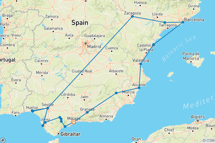 Map of Andalusian Tour, Catalonia, and Levante