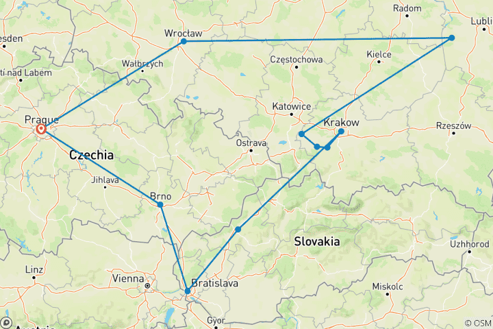 Kaart van Hoogtepunten van Tsjechië en Polen, eindigend in Praag