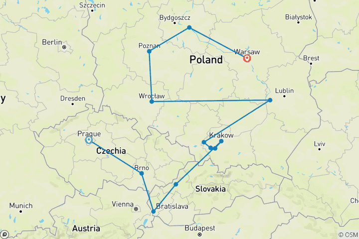 Kaart van Hoogtepunten van Tsjechië en Polen, eindigend in Warschau