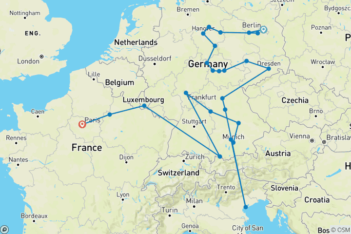 Map of Full Germany Circuit, Ending in Paris